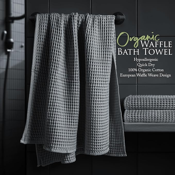 Softerry European Waffle Weave Bath Towel Set of 8-100% Organic Cotton - Quick Dry Lint Free Thin and Absorbent - Fade Resistant - Eco-Friendly (Space Gray)