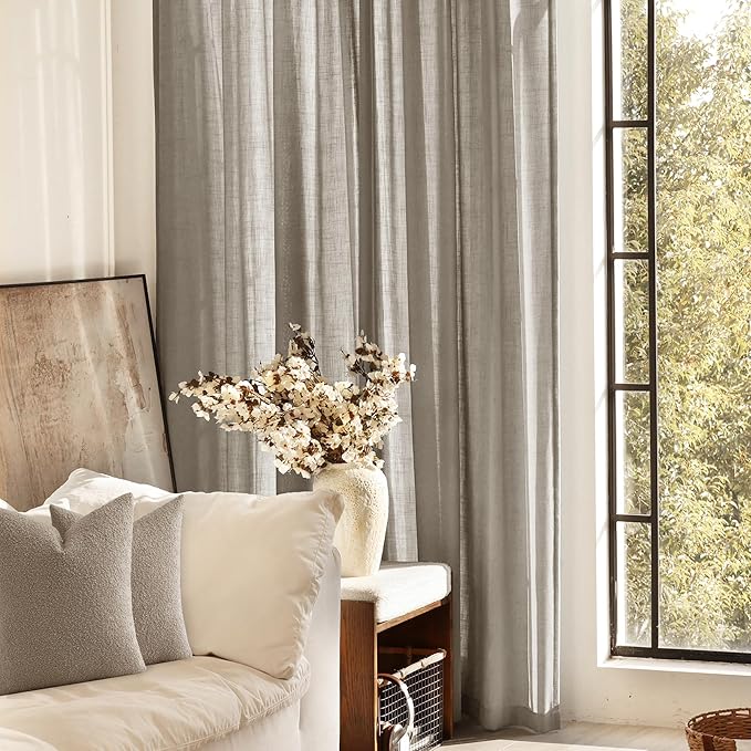 Taupe Linen Curtains 96 inches Long for Living Room Back Tab Rustic Farmhouse Semi Sheer Light Filtering Window Curtain Dining Room Soft Thick Flax Linen Textured Drapes Burlywood Birch Dark Brown