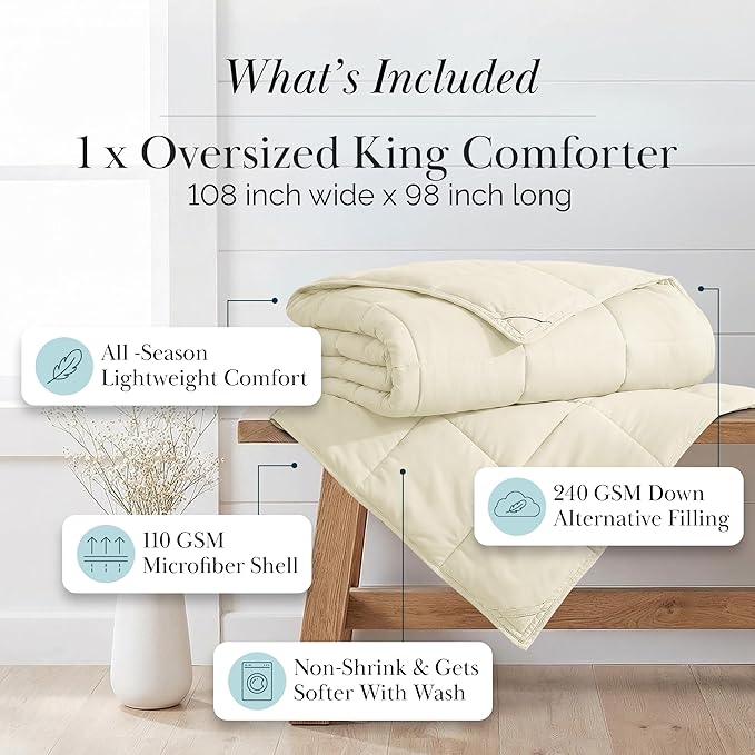 Southshore Fine Living, Inc. Oversized King Comforter Only for Guest Room, Pet Hair Resistant Bedding Comforters, Down Alternative Comforters, Hotel Quality Cream Comforter King for Vacation Homes