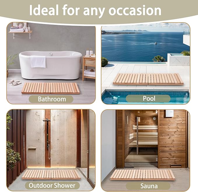 bingaai Cedar Wood Bath Mat 48 × 23.6 in, Wooden Bath Mats, Cedar Wood Shower Mat, Shower Stall Mat Non-Slip for Bathroom Bathtub Spa Sauna Garden Home, Wooden Floor Mat Large for Indoor and Outdoor