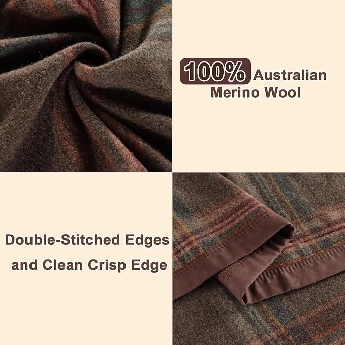 YOUR MOON 100% Pure Wool Blanket Twin Size, Natural Australian Wool Blankets, Medium Weight, Hypoallergenic Blanket for Bed (Plaid Brown, 66 * 90)