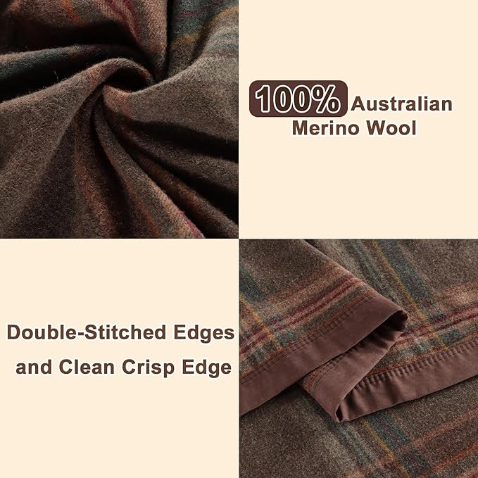 YOUR MOON 100% Pure Merino Wool Blanket Queen Size, Natural Australian Wool Blanket, Hypoallergenic Wool Blankets for Bed, Medium Weight(Plaid Brown, 90 * 90)