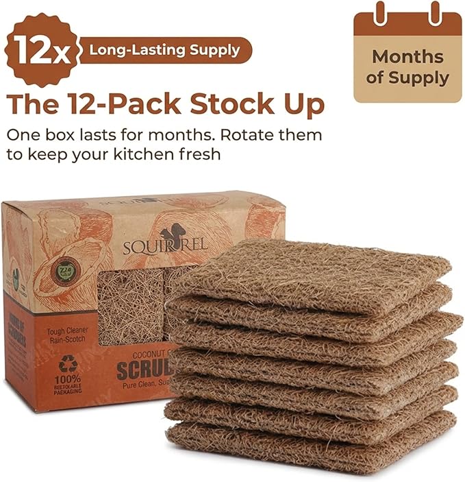 SQUIRREL Natural Coconut Coir Fiber Kitchen Scrubbers 12 Pack Biodegradable Non Scratch Dish Sponges for Eco Friendly Household Cleaning and Zero Waste Living