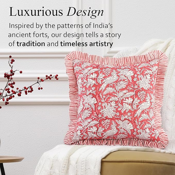 CPC Block Print Ruffle Throw Cover Pink Coral 16"x16" Inch Pack of 2-100% Cotton Ruffle Couch Decorative Boho Pillows Case for Living Room, Bedroom, Sofa, Farmhouse Gift for Spring, Mother's Day