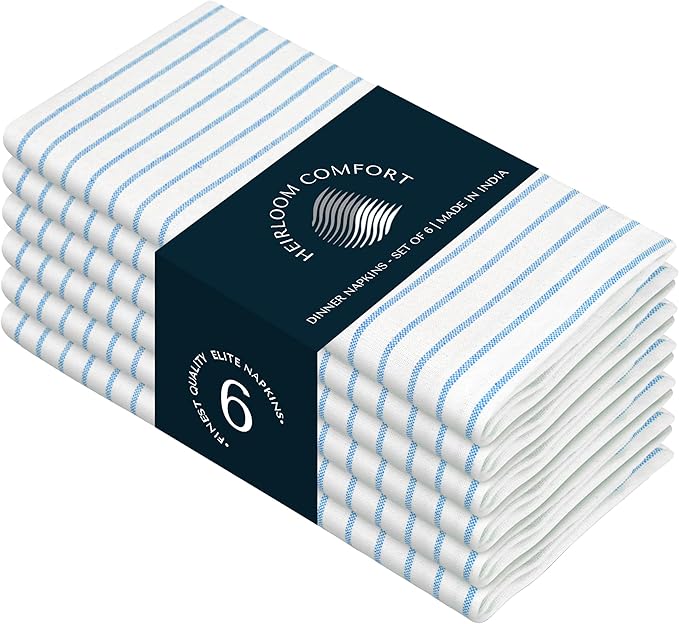 Turquoise Blue Stripe Dinner Cloth Napkins (Set of 6), 18x18 Inch, 100% Cotton, Washable & Durable Fabric, Classic Striped Table Linen Napkin for Dining, Beach Decor, Daily Use