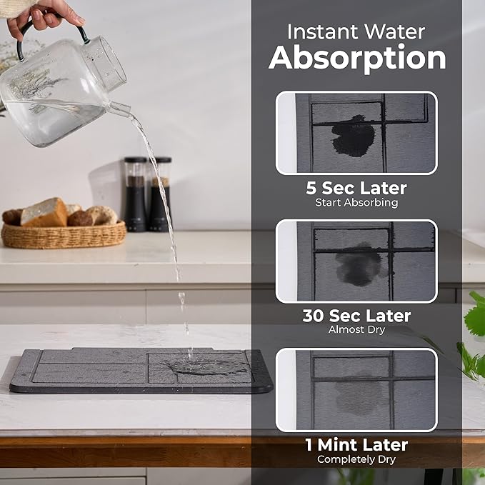 Large Stone Drying Mat for Kitchen Counter+Sink Caddy, 100% Natural Stone Dish Drying Mat, Quick Drying, Non-Toxic, BPA-Free, JIGSAW Drying Matt Kitchen Counter (Dark Gray 24"×16" & 8"x4")