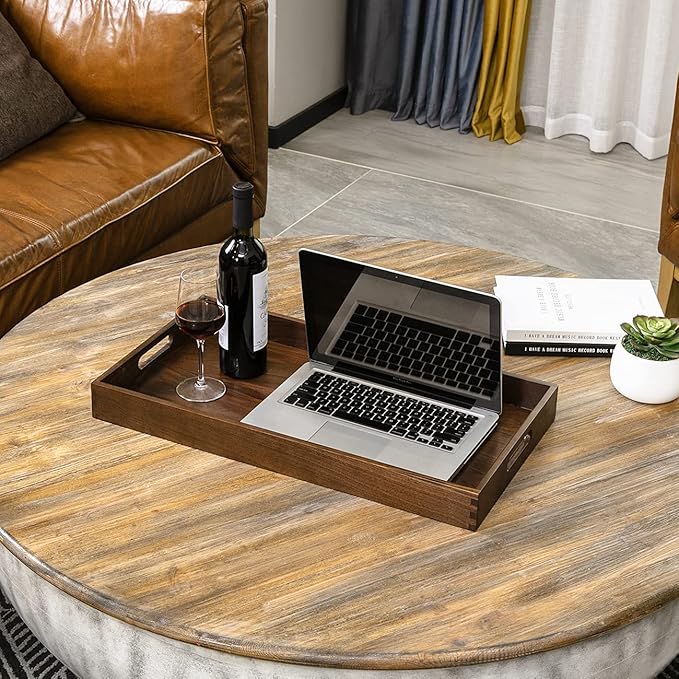 24"x13" XL Wooden Ottoman Tray with Handle FSC Natural Handmade Black Walnut Serving Tray Vintage Decorative Platters for Oversized Ottoman Kitchen