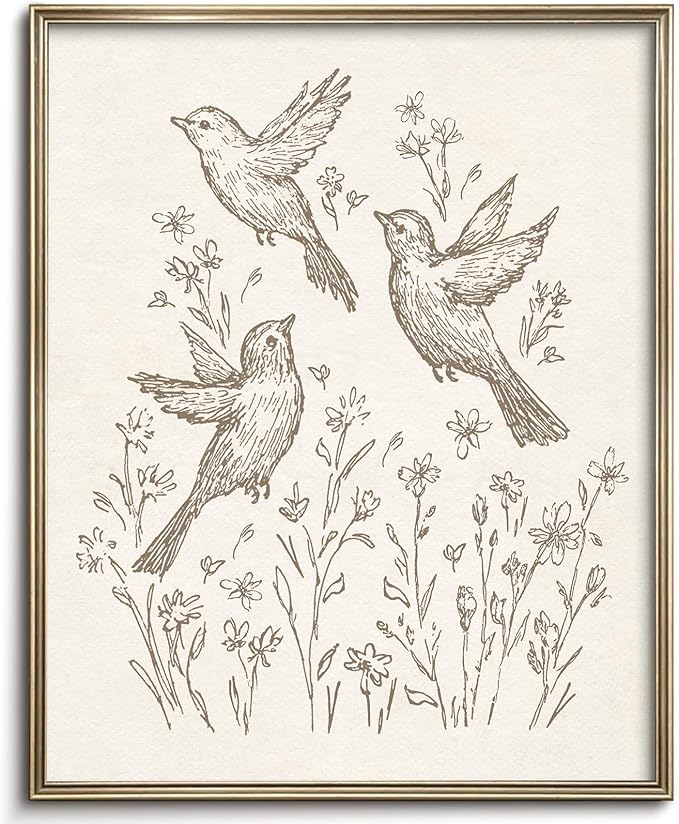 Vodefoad Sketch Bird Vintage Wall Art Retro Nursery Flying Bird Art Print Neutral Cottagecore Nursery Decor Farmhouse Rustic Birds Wall Decor for Gallery Nursery Bedroom Bathroom Office - 8x10Inch Unframe