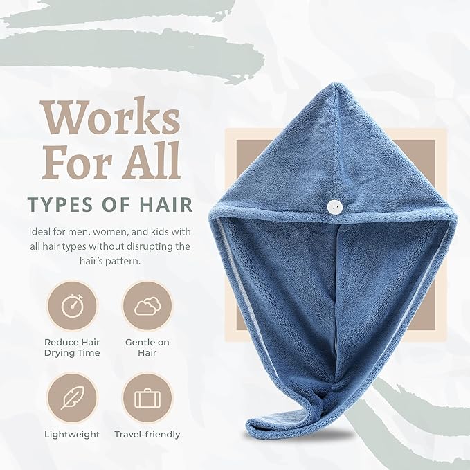 Microfiber Hair Towel Wrap Super Absorbent Twist Turban Dry Hair Cap with Button Fasten