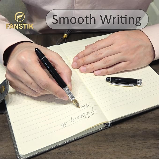 FANSTIK, Customized Fountain pen with name (MADE IN USA), stainless steel, black and silver, luxury engraved pen personalized for men and for women. (Fountain Black-Silver)