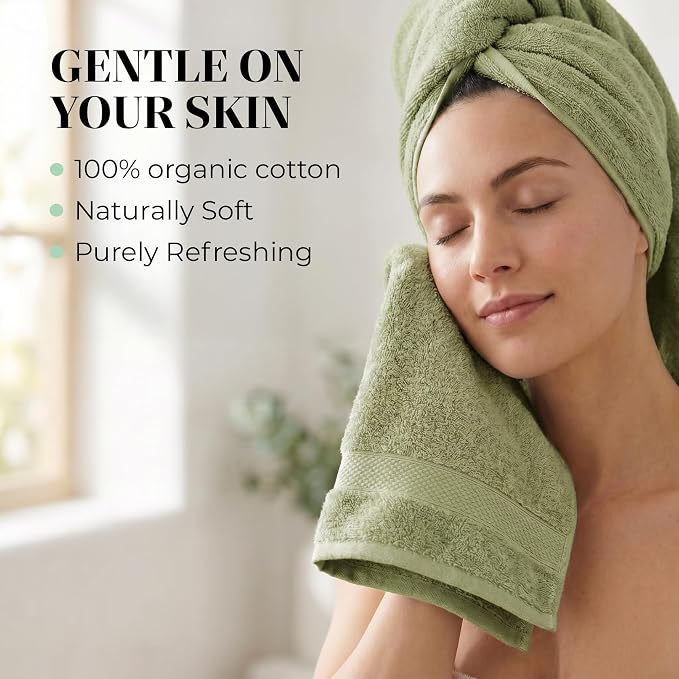 6 Piece Organic Cotton Luxury Bath Towel Set, 700 GSM Plush Long-Staple Bath Hand Wash Bundle, Soft Absorbent Quick-Dry Bathroom Towels, GOTS & Oeko-TEX Certified Hotel Spa Quality – Sage Green