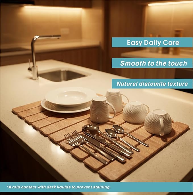 Stone Dish Drying Mat Set for Kitchen Counter, Diatomaceous Earth Quick Drying Mat (1*Large 23"×15.5" & 2*Small 7.5"×4") | Absorbent Kitchen Counter Mat for Dishes, Cups & Utensils (Wood Grain)