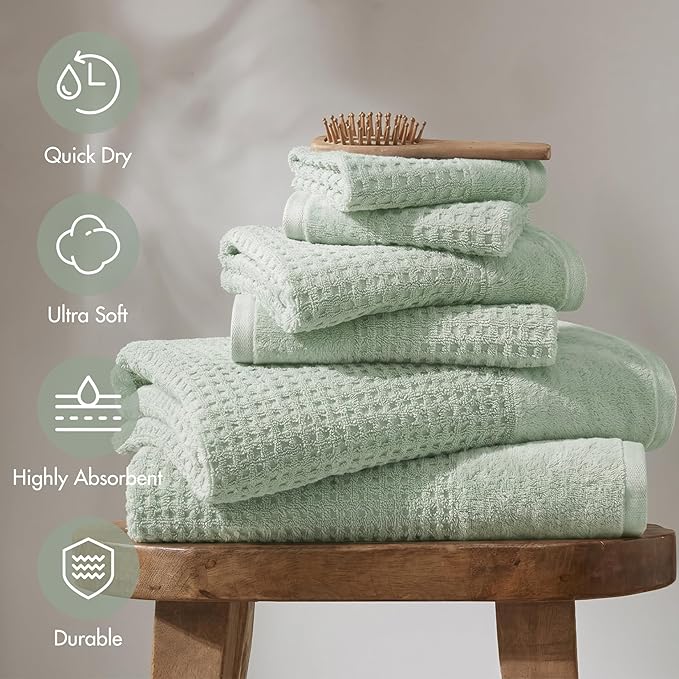 Madison Park Spa Waffle 100% Cotton Luxurious Towel Set, Premium Texture Waffle Weave, Highly Absorbent, Quick Dry, Hotel & Spa Quality Wash Clothes for Bathroom, Assorted Sizes, Seafoam 6 Piece
