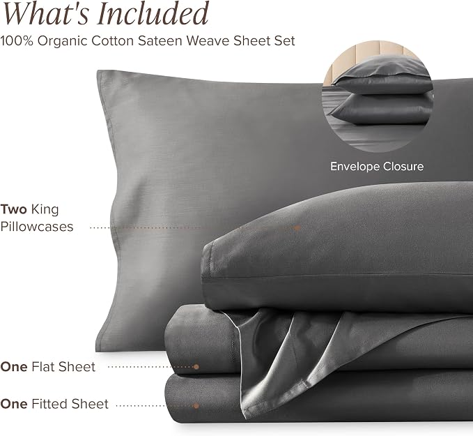 Bare Home 100% Organic Cotton King Sheet Set - 400 Thread Count - Smooth Sateen Weave - Breathable & Cooling - Hotel Luxury Set - Deep Pocket Bed Sheets (King, Grey)