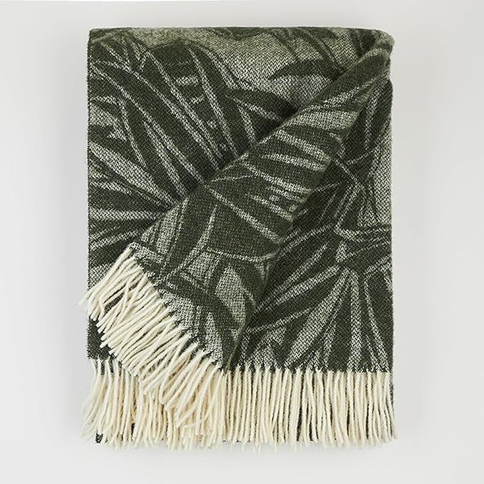 | Wool Blanket/Throw | 100% New Zealand Wool | Perfect for Home and Outdoors | Virgin Wool Blanket with Fringes 55"x79" (140 x 200 cm) (Emerald Leaves)