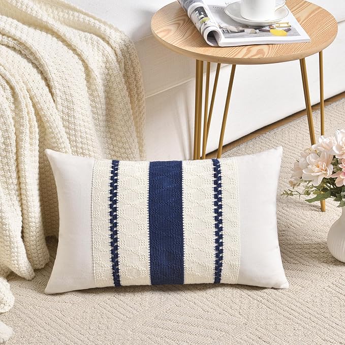 Fancy Homi Set of 2 Navy Blue Lumbar Decorative Throw Pillow Covers 14x24 Inch for Couch Bed Sofa Living Room, Aesthetic Modern Organic Farmhouse Home Decor, Soft Cotton Woven Textured Cushion Case