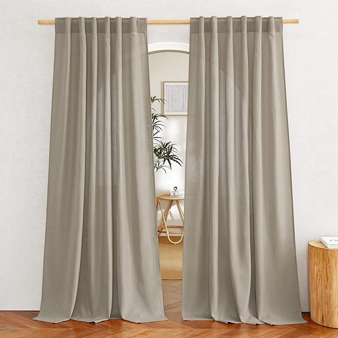 NICETOWN Taupe Linen Curtains 84 inches Long, Rod Pocket & Back Tab Privacy Added Thick Flax Not See Through with Light Filtering Retro Window Drapes for Bedroom/Living Room, W55 x L84, 2 Panels