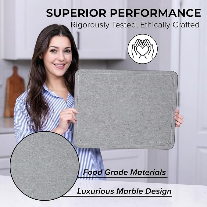 LARGE MATMOSPHERE Stone Dish Drying Mat for Kitchen Counter – Fast Absorbing Diatomaceous Mat with Stainless Steel Legs, Quick Dry, Dish Rack Mat, USA Small Business, 18”x14”, Light Gray