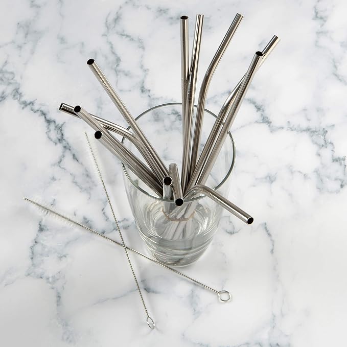 G FORCE Eco-Friendly Reusable Stainless Steel 14 Pack Set, Including 6 Straight, 6 Angled Straws, 2 Cleaning Brushes, Standard, Silver (28551-SS)