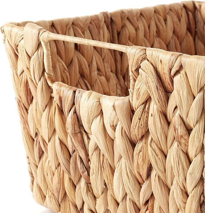 Casafield Set of 4 Water Hyacinth Storage Baskets with Handles - Natural, Woven Storage Bins for Shelves, Blankets, Laundry Organization