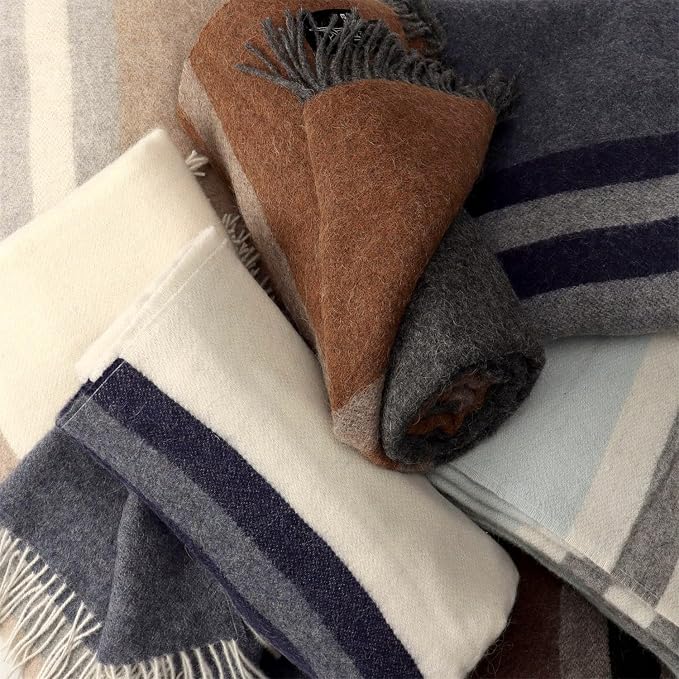 Superfine Alpaca Wool Throw Blanket - Lightweight Alpaca Merino Wool Throw Blankets | Soft Peruvian Alpaca Blanket Wool Blanket Striped Design 63" x 52" (Ivory/Soft Gray/Beige)