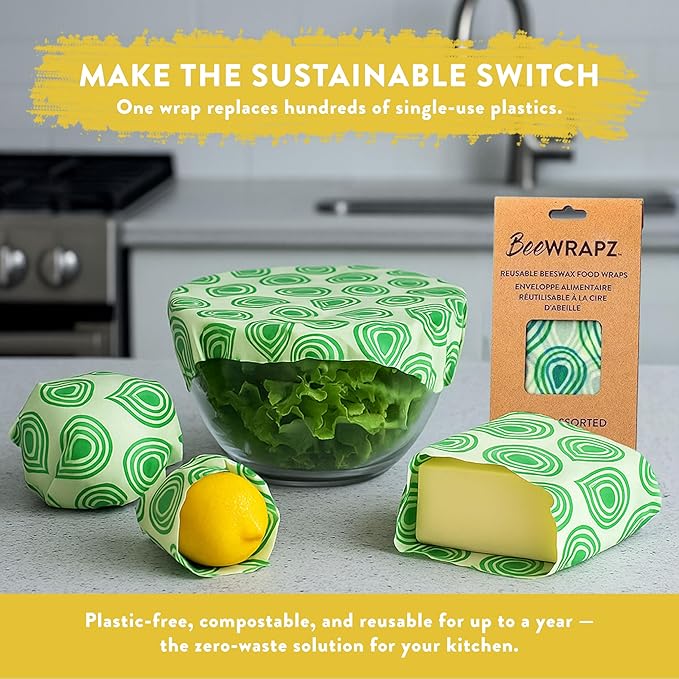 BeeWRAPZ Reusable Beeswax Wraps for Food | Eco Friendly & Organic | Eco-Friendly & Plastic-Free Food Storage | Biodegradable |Pack of 3 Beeswax Food Wraps for Wrapping Fruits & Vegetables (Green)