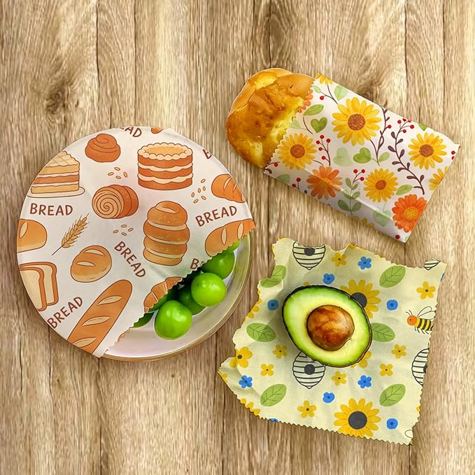 Reusable Beeswax Wraps, 9 Pack, For Sandwich, Bread, Fruit, Bowl, Eco-Friendly, Organic Cotton, Sustainable, Zero Waste, Plastic-Free, 1XL, 3M, 5S, Assorted Bread Floral Bee Patterns
