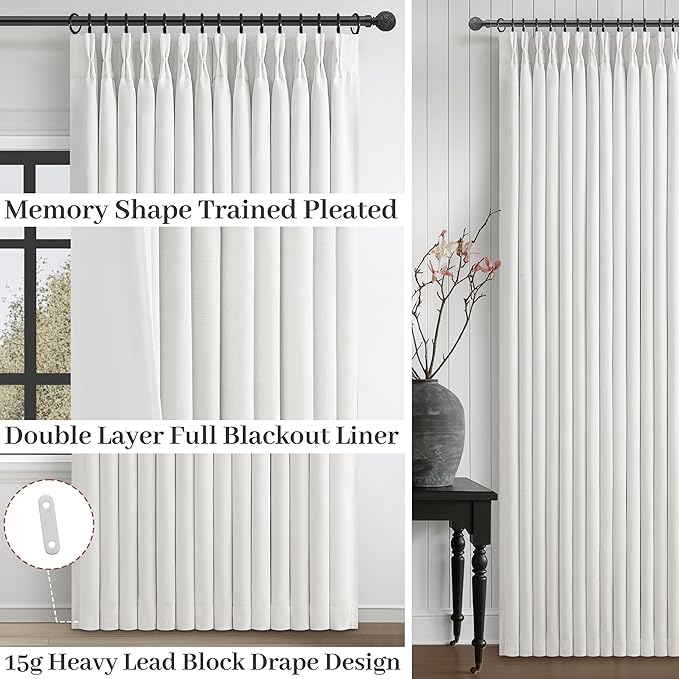 PleatedDrapes Pure White Blackout Curtains 96 Inches Long 2 Panels Set for Bedroom, Cute Pinch Pleat Two Layer Linen Blend Room Darkening Ceiling Track Curtain 40x96 Inch Length Office Soundproof Burg