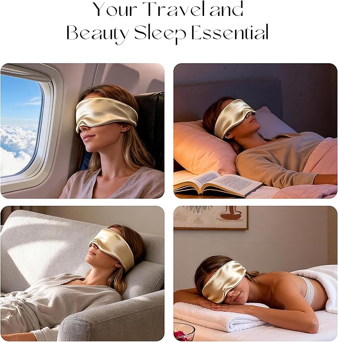 Silk Sleep Mask 22 Momme100% Mulberry Silk & 3.5cm Silk Hairband Set, Upgraded Light Blocking NosePad, Soft Wide Adjustable Strap, Comfortable Eye Mask for Men Women Home Travel (Khaki)