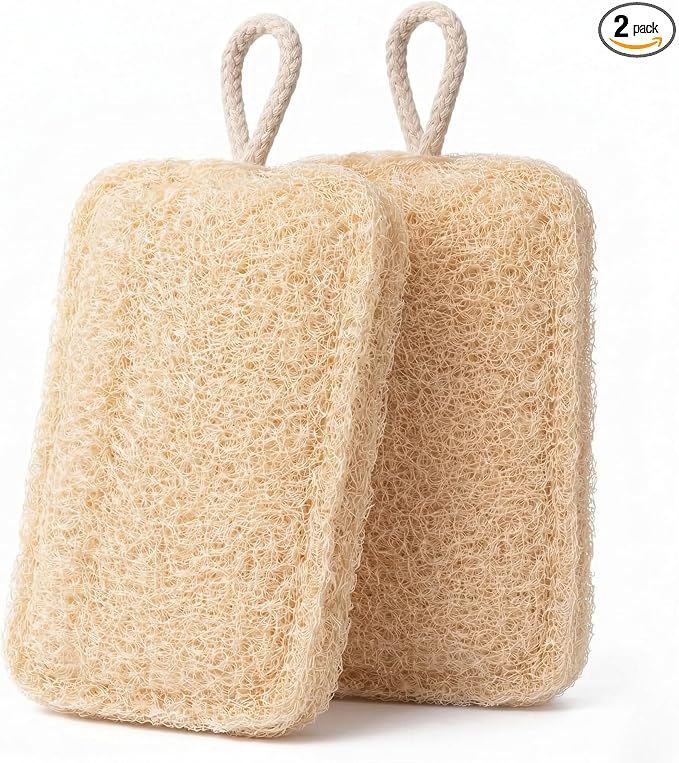 Natural Loofah Sponge for Men & Women, 2 Pack | Exfoliating Body Scrubber, Travel Loofah, Shower Sponge