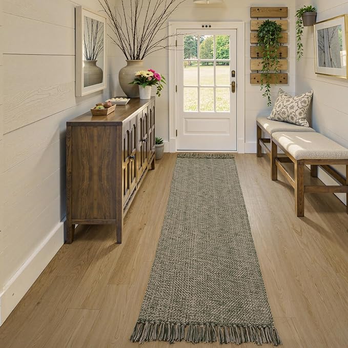 Collive Long Hallway Runner Rug 2.6' x 10', Washable Runner Indoor Entryway Runner Rug, Braided Woven Kitchen Runner Rugs Natural/Green Reversible Bedroom Carpet for Laundry Room Doorway