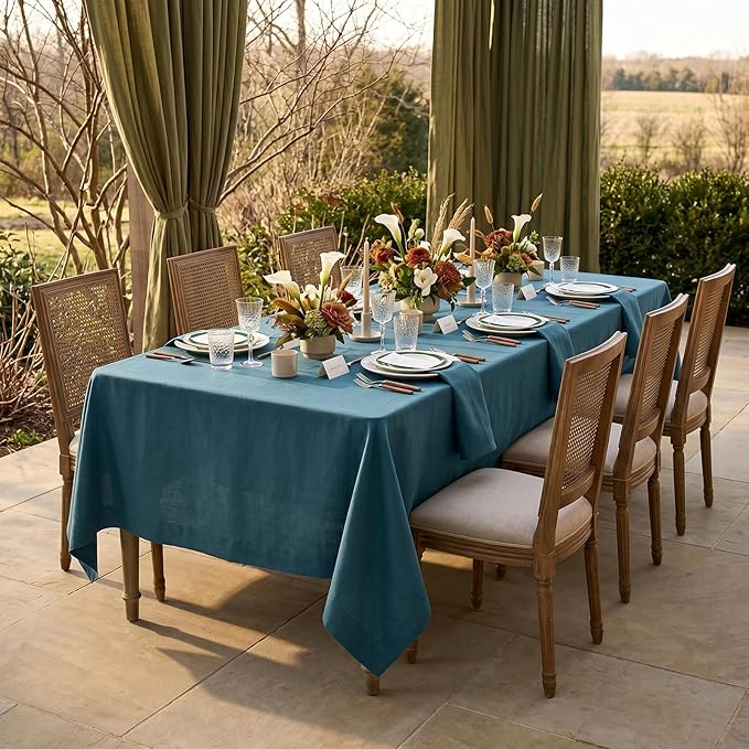 Solino Home Linen Tablecloth for Rectangle Tables 60 x 144 Inch - 100% Pure Linen Peacock Blue Table Cloth - Fete, Machine Washable Cloth Tablecloth