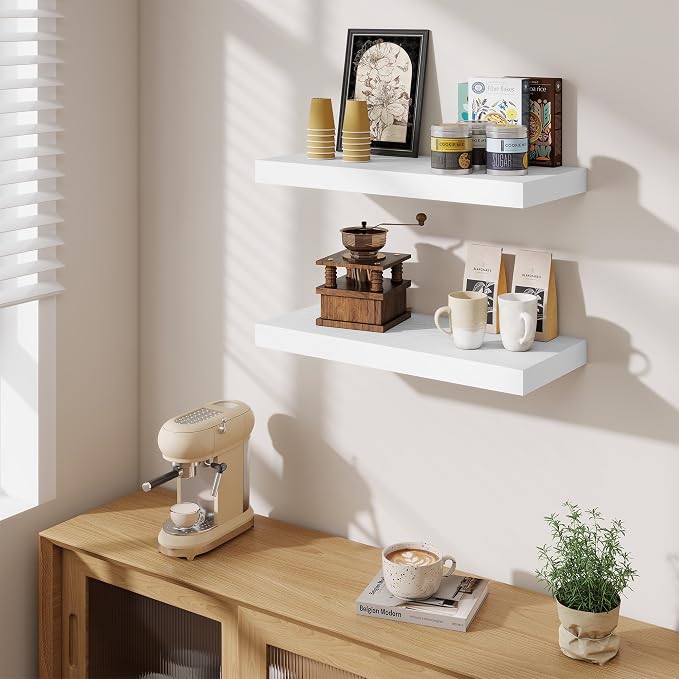 Fun Memories 24 x 10 Floating Shelves Wall-Mounted - Rustic Wood Shelf - 10 Inch Deep Floating Shelves for Wall - Large Storage Shelf for Bathroom - Kitchen & Bedroom - White - Set of 3