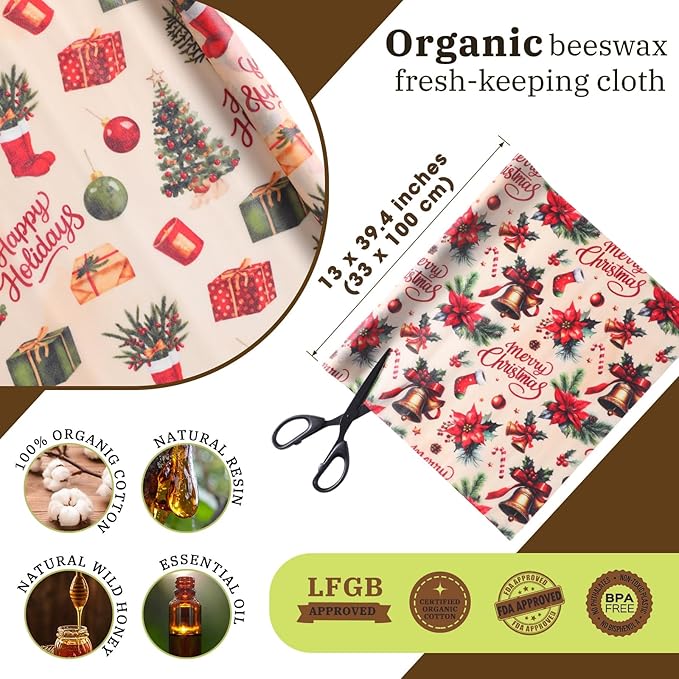 3 Rolls Reusable Beeswax Wraps for Food 13 x 40 Inches Bees Wax Wraps Reusable Food Storage Wrap Beeswax Paper Roll for Bread Sandwich Cheese Fruit Snacks(Santa)