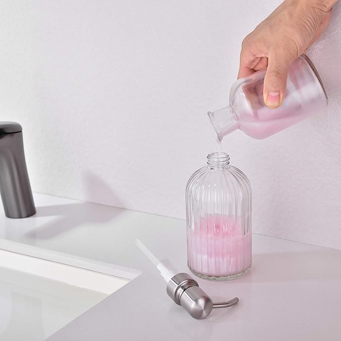Glass Soap Dispensers for Kitchen and Bathroom, 16oz Heavey Glass Bottle, Stainless Steel Brushed Nickel Pump,Clear Farmhouse Bathroom Soap Dispenser,2 Packs