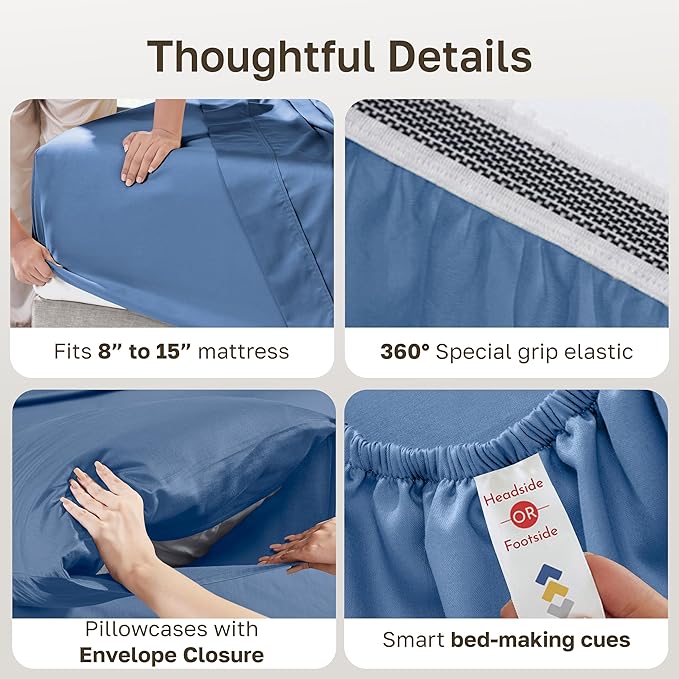 California Design Den Soft 100% Organic Cotton Sheets Queen Size Bed Set - Crisp and Cool Percale, Deep Pocket Organic Sheets with Anti-Skid Elastic, Breathable and Durable Bedding Set - Riviera Blue