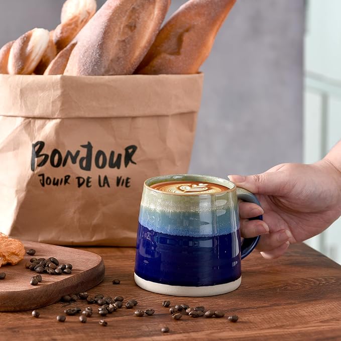 fMBB Large Ceramic Coffee Mugs, 13oz, Tea/Coffee Cups, Large Handle & Wide Bottom Coffee Mug, Transmutation Glaze, Hand Painted Mug, for Home or Office, Microwave and Dishwasher Safe, Blue Tone