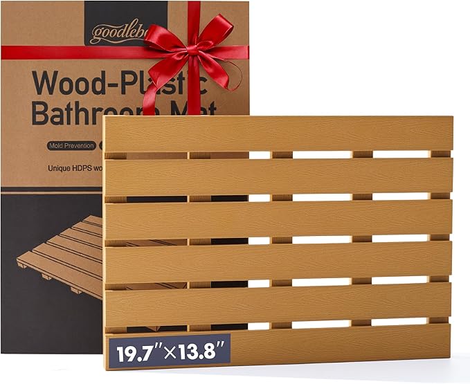 Bamboo-Design Bath Mat, Heavy Duty HDPS Plastic, 19.7" x 13.8", 400lb Support, 100% Waterproof & Fadeproof, Superior to Real Bamboo for Bathroom Spa Sauna Poolside Outdoor (Bamboo Color)