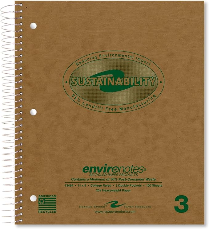 ROARING SPRING Environotes Recycled Spiral Notebook – 24 Pack, 11" x 9", Three Subject, 100 Sheets, College Ruled Perforated Heavyweight 20 lb Paper, 3 Double Pocket, Made in USA