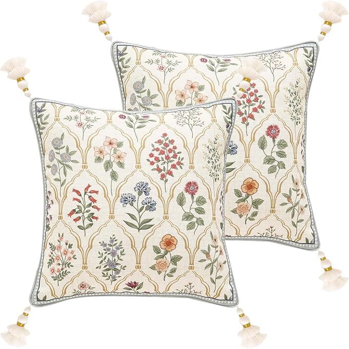 ISAENNE Design Linen Throw Pillow Covers 18"x18" Pack of 2, Square Farmhouse Cushion Covers with Colorful Watercolor Wildflower Pattern Decor Pillowcases for Bed,Living Room,Outdoor,Car