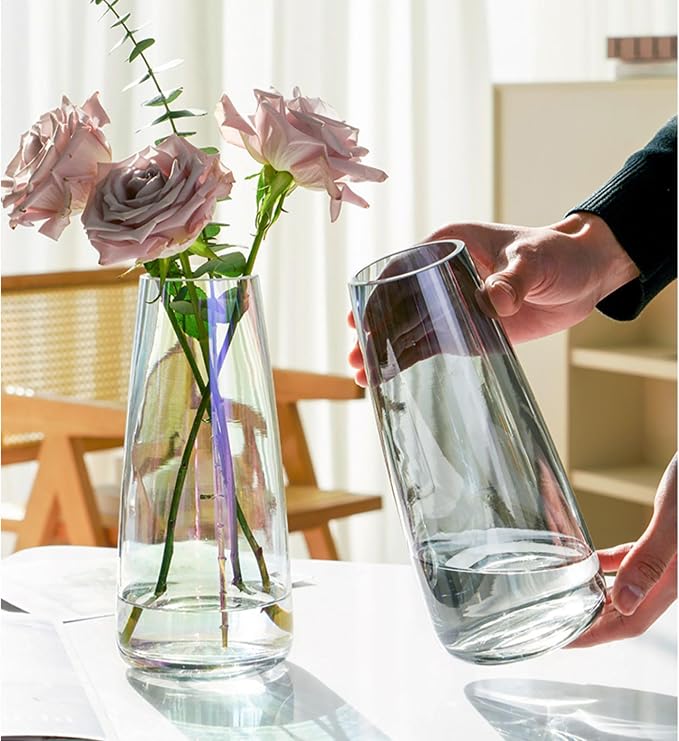 FANTESTICRYAN Modern Glass Vase Crystal Clear Glass Vase for Home Office Decor (Crystal Grey)