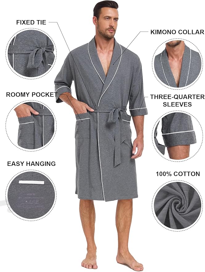 COLORFULLEAF 100% Cotton Men’s Summer Bathrobe Lightweight & Breathable Short Sleeve Kimono Robe with Pockets