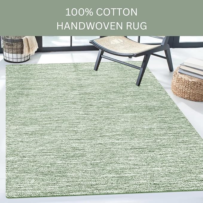Hand Woven Area Rug 3x5 Feet - Rustic Farmhouse Bohemian Accent Rug for Living Room Bedroom Kitchen Entryway Floor Mats - Ideal for High Traffic Areas 100% Cotton Rag Rug Green