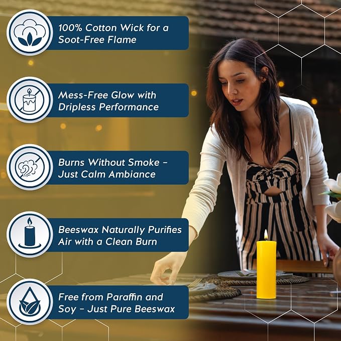 100% Pure Beeswax Candle – Long Lasting Burn – Non-Toxic & Hypoallergenic – Natural Honey Aroma – Handcrafted – Sustainably Sourced – Alternative Imagination – 3x9 Inch – Natural Yellow