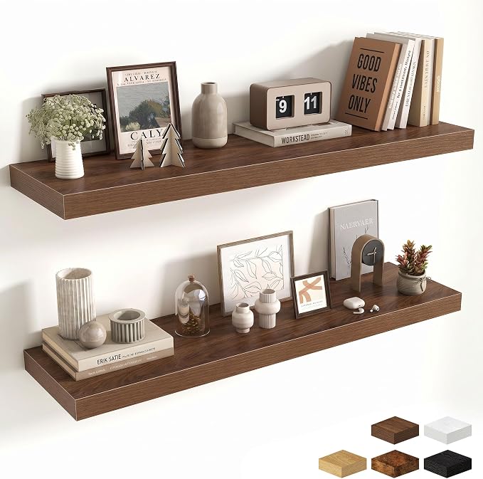 Fun Memories Floating Shelves Set of 2, 40 Inch Long Wooden Wall Shelves, 10 Inch Deep Wall Mounted Storage Shelf with Metal Brackets for Living Room, Bathroom, Bedroom and Kitchen, Walnut