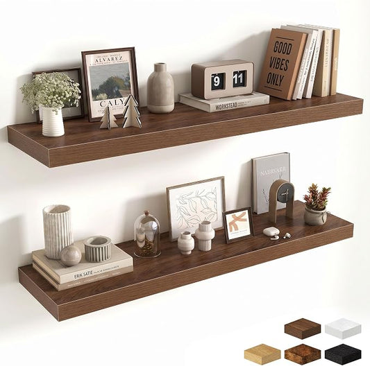 Fun Memories Floating Shelves Set of 2, 40 Inch Long Wooden Wall Shelves, 10 Inch Deep Wall Mounted Storage Shelf with Metal Brackets for Living Room, Bathroom, Bedroom and Kitchen, Walnut