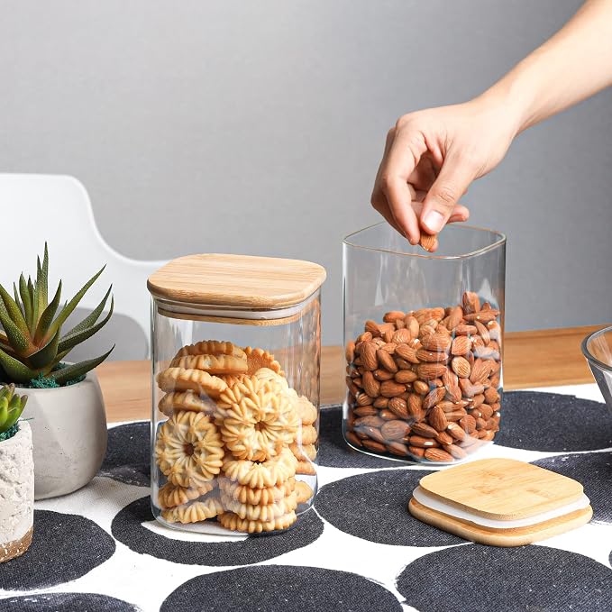 ComSaf Airtight Glass Storage Canister with Wood Lid (37oz) - 27 oz Glass Food Storage Jars Set of 6