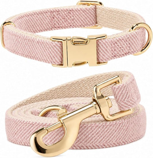 Herringbone Tweed Dog Collar and Leash Set for Large Dogs, Pink | Snag-free, no-rub design. Soft breathable cotton, gentle on fur. Adjustable durable matching combo for walks & outdoors.