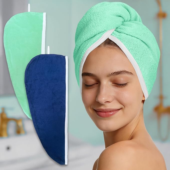 VOOVA & MOVAS Green & Navy Microfiber Hair Towel Wrap for Women, 2 Pack Elastic Loop Hair Turban, Ultra Soft Anti Frizz Fast Drying Curly Hair Towel, Highly Absorbent Reduce Heat Damage