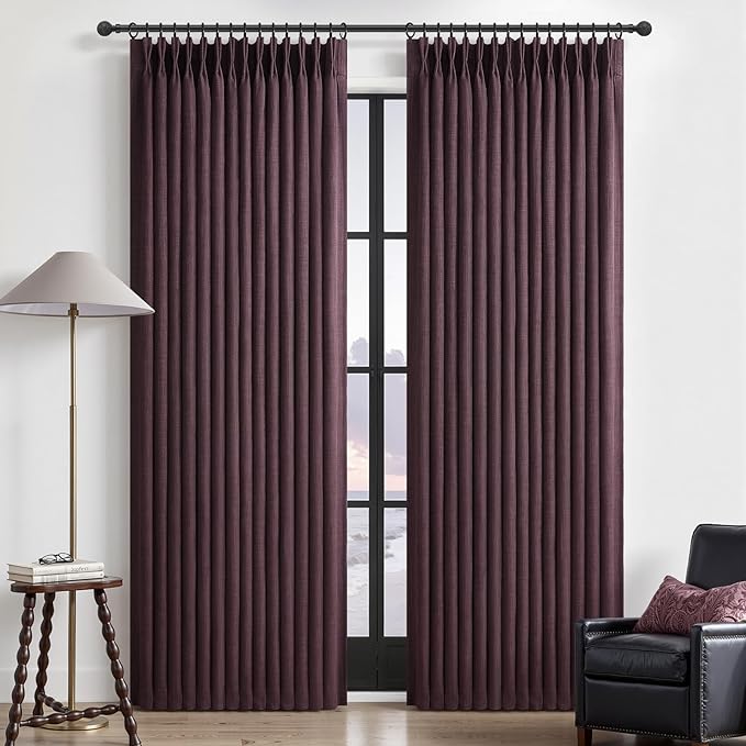 Pinch Pleated Purple Curtains 90 Inches Long 2 Panels Set for Nursery, Blackout Memory Trained Double Layer Thick Linen Blend Sound Dampening Drapes Energy Efficient Country Privacy Viral Windows Burg